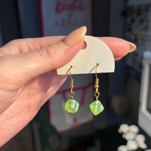 Gold-Tone Hook Earrings with Lime Green Dice Charms